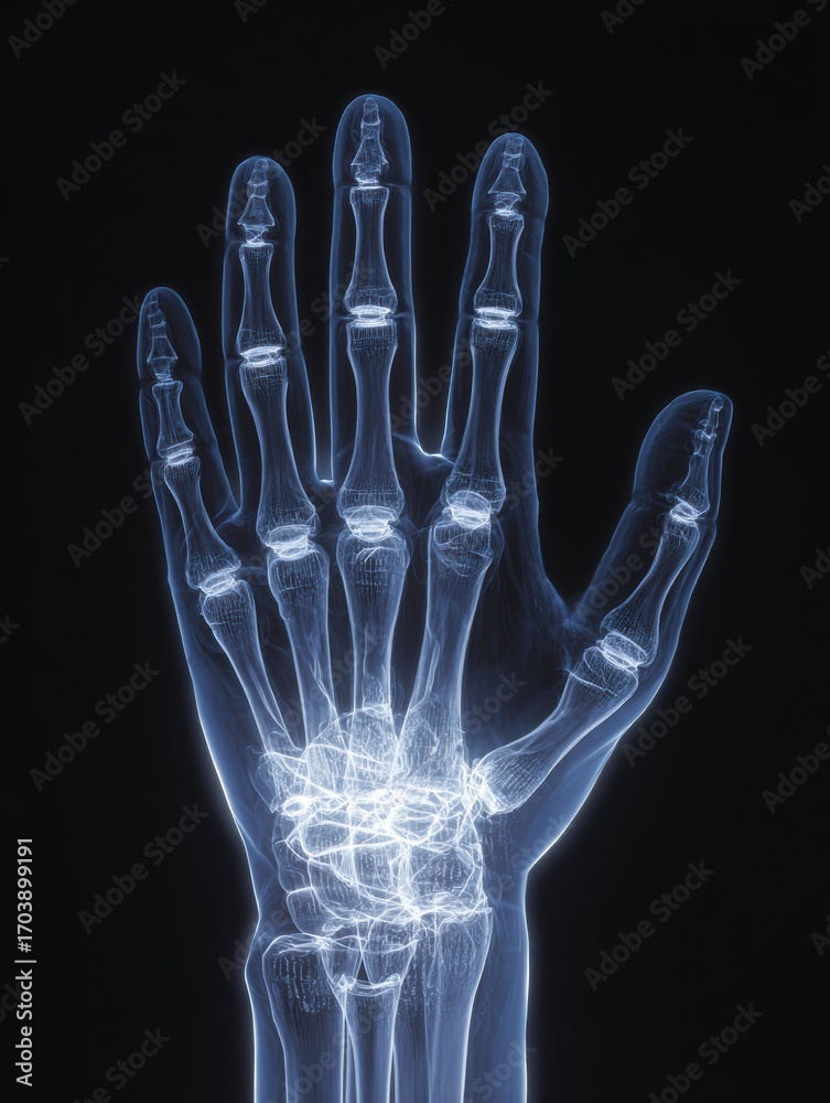 Naklejka premium Hand X-Ray Shows Bones and Joints in a Skeletal Examination on a Black Background