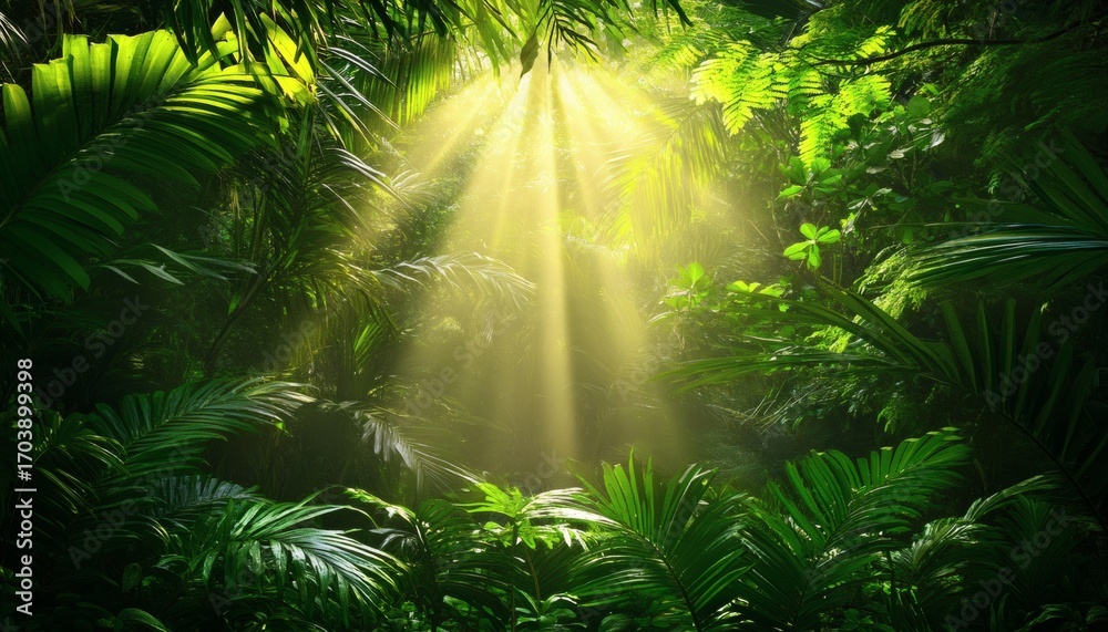 Fototapeta premium Sunlight penetrates a dense canopy of tropical plants, creating radiant beams of light in a verdant forest.