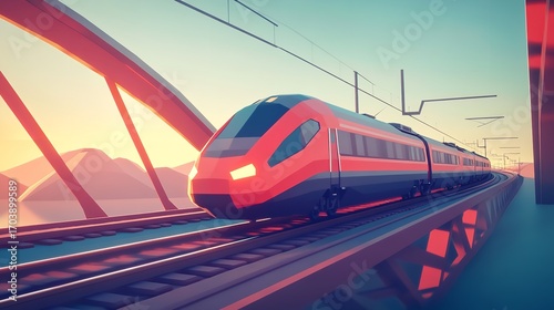 Sleek High-Speed Train Surging Through Dynamic Geometric Backdrop