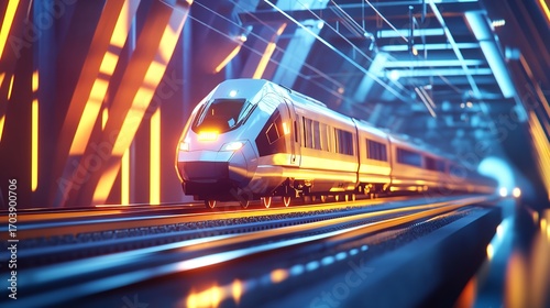 Sleek High-Speed Train Surging Through Dynamic Geometric Backdrop