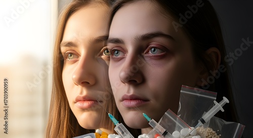 Time-lapse transformation - A young face in daylight gradually turning pale and weak as the background darkens and drugs appear.