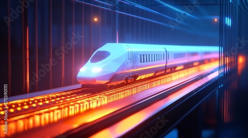 Sleek High-Speed Train Surging Through Dynamic Geometric Backdrop