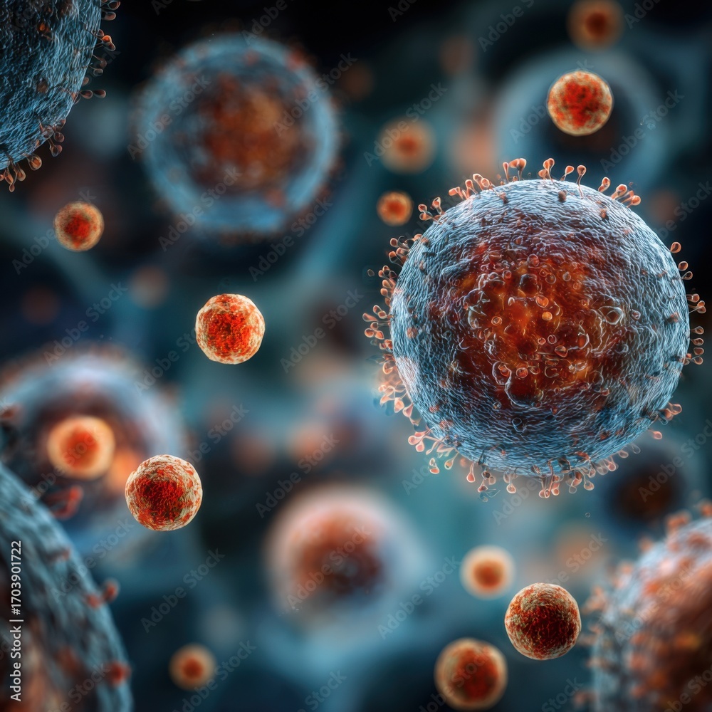 Naklejka premium An intricate world of virus particles interacting with cells. The colorful details illustrate the complexity of microbial life within a biological context.
