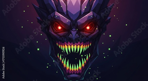 A menacing, stylized monster face with vibrant colors and geometric shapes dominates this close-up digital art piece.