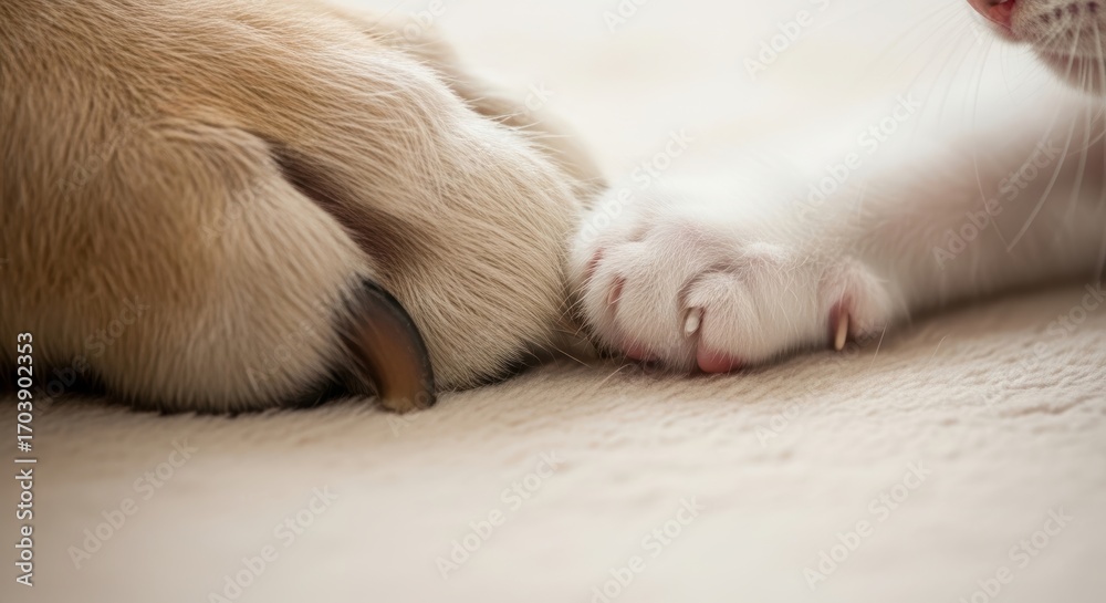 Fototapeta premium Close-up of cat and dog paws touching in friendship and harmony