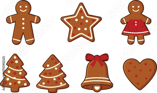 Gingerbread Cookies Clipart Set - Christmas Tree Star Bell Heart Gingerbread Man Vector