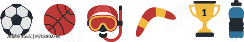 Sports Icon Set - Soccer Ball Basketball Snorkel Mask Boomerang Trophy Water Bottle Vector