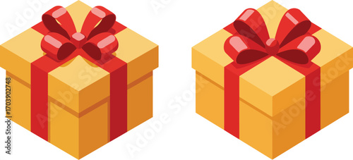 Gift Box Illustration Set - Present with Red Ribbon Bow, Holiday Package Vector