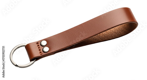 A meticulously crafted leather keychain embodying rustic charm and everyday functionality in a on transparent background
