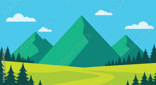 Green Mountain Landscape Illustration - Summer Valley with Pines, Minimal Vector