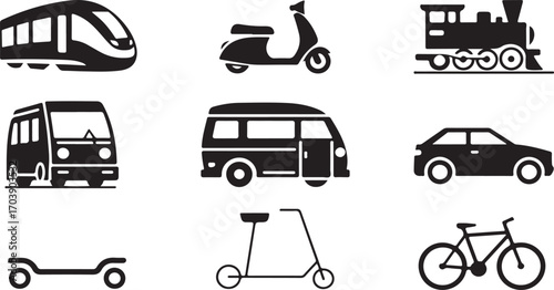 Collection of diverse transportation vehicles and personal mobility devices train scooter