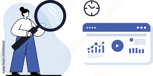 Analytics Dashboard Illustration - Person with Magnifying Glass Reviewing SEO and Web Metrics, Data Research Reporting and Time Management, Flat Character Vector for Marketing and UI