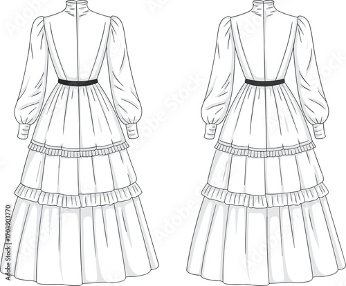 Vintage long dress fashion sketch, elegant layered gown design, puff sleeves, high collar, classic Victorian style, detailed dress illustration, historic clothing, feminine couture drawing