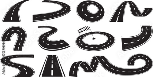 Winding asphalt pathways with dashed white lines and a checkered flag finish line road black