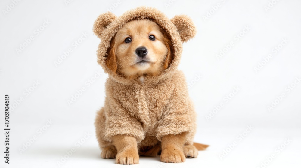 Fototapeta premium A fluffy puppy dressed in a cozy bear costume sits adorably on a plain white surface, exuding charm and innocence during a playful indoor moment, showcasing its delightful personality.