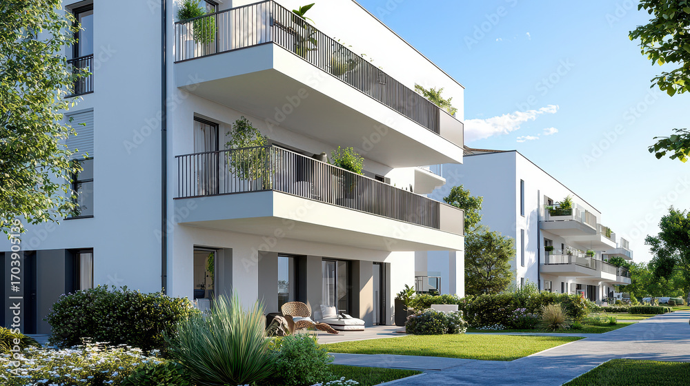 Fototapeta premium Modern residential building with balconies, lush greenery, and clear blue sky creates serene atmosphere