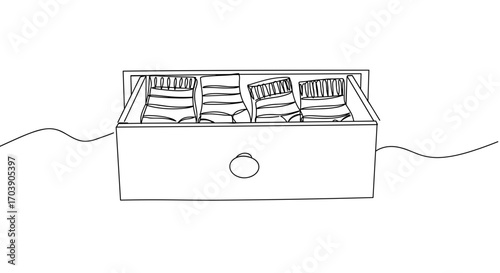 Drawer filled with neatly arranged rolls of socks in line style, transparent background  