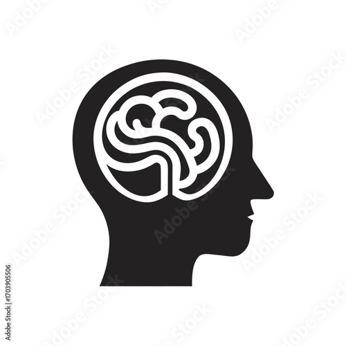 Brain inside head symbol on transparent background silhouette