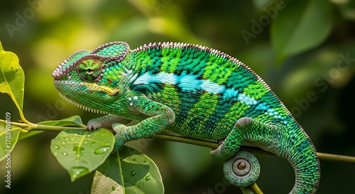 Vibrant Green and Blue Panther Chameleon Resting on a Leafy Branch.