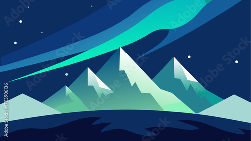 Stylized aurora borealis over snow capped mountains