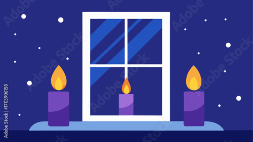 Three lit purple candles on a windowsill at night with snow falling