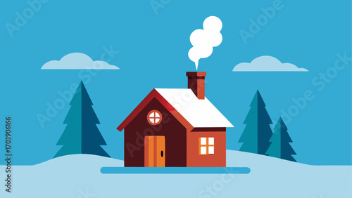 Cozy winter cabin with smoke rising from chimney