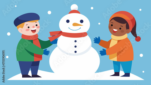 Children happily building a snowman together in the snow