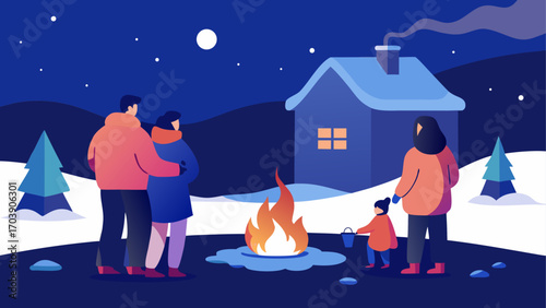 Family enjoys a winter night by a bonfire near their cozy cabin