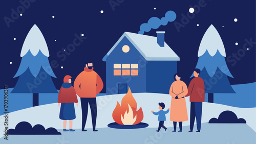 Family enjoys a winter night by the campfire near a cozy house