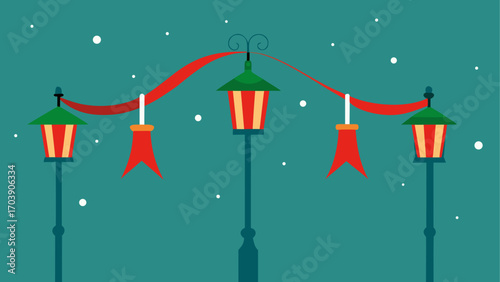 Festive streetlights with red ribbon and snowflakes