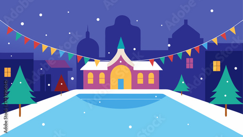 Winter village scene with ice rink and festive decorations