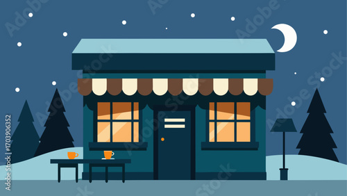 Cozy cafe at night with twinkling stars and a crescent moon