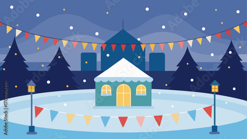 Winter festival scene with decorated tent and snowy trees