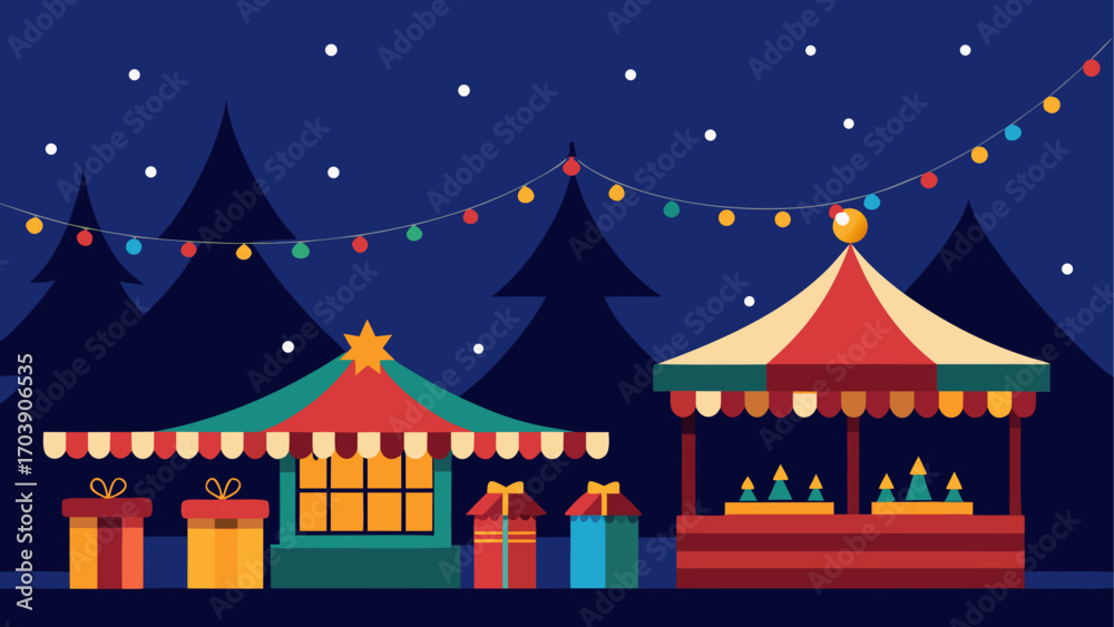 Obraz premium Festive christmas market scene at night with decorated stalls and gifts