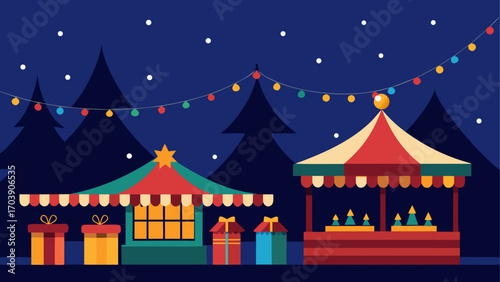 Festive christmas market scene at night with decorated stalls and gifts