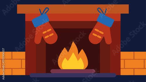 Cozy fireplace with hanging mittens and warm flames