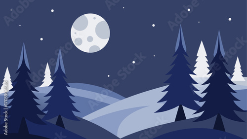 Minimalist winter night landscape with full moon and pine trees