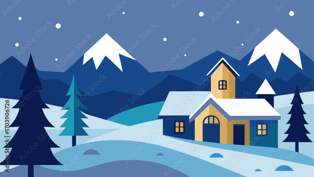 Fototapeta premium Cozy winter cabin scene with snow covered mountains and trees