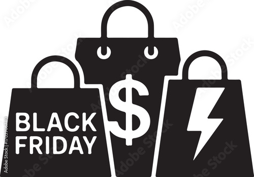 Black Friday shopping bags with dollar sign and lightning bolt