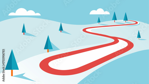 Stylized winter landscape with ski slope and trees