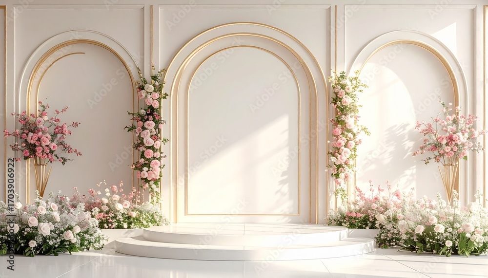 Fototapeta premium Elegant sunlit wedding ceremony stage featuring classic white arches adorned with lush pink and white flowers for a romantic celebration