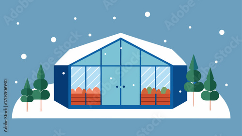 Winter greenhouse with snowing sky and evergreen trees