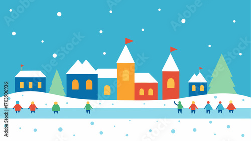 Charming winter village scene with colorful buildings and people skating