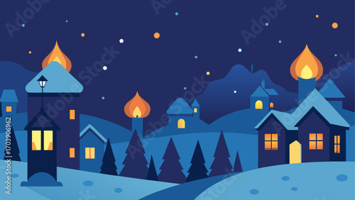 Cozy winter village at night with warm lights and snow