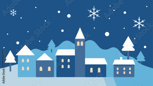 Cozy winter village scene with snowflakes falling