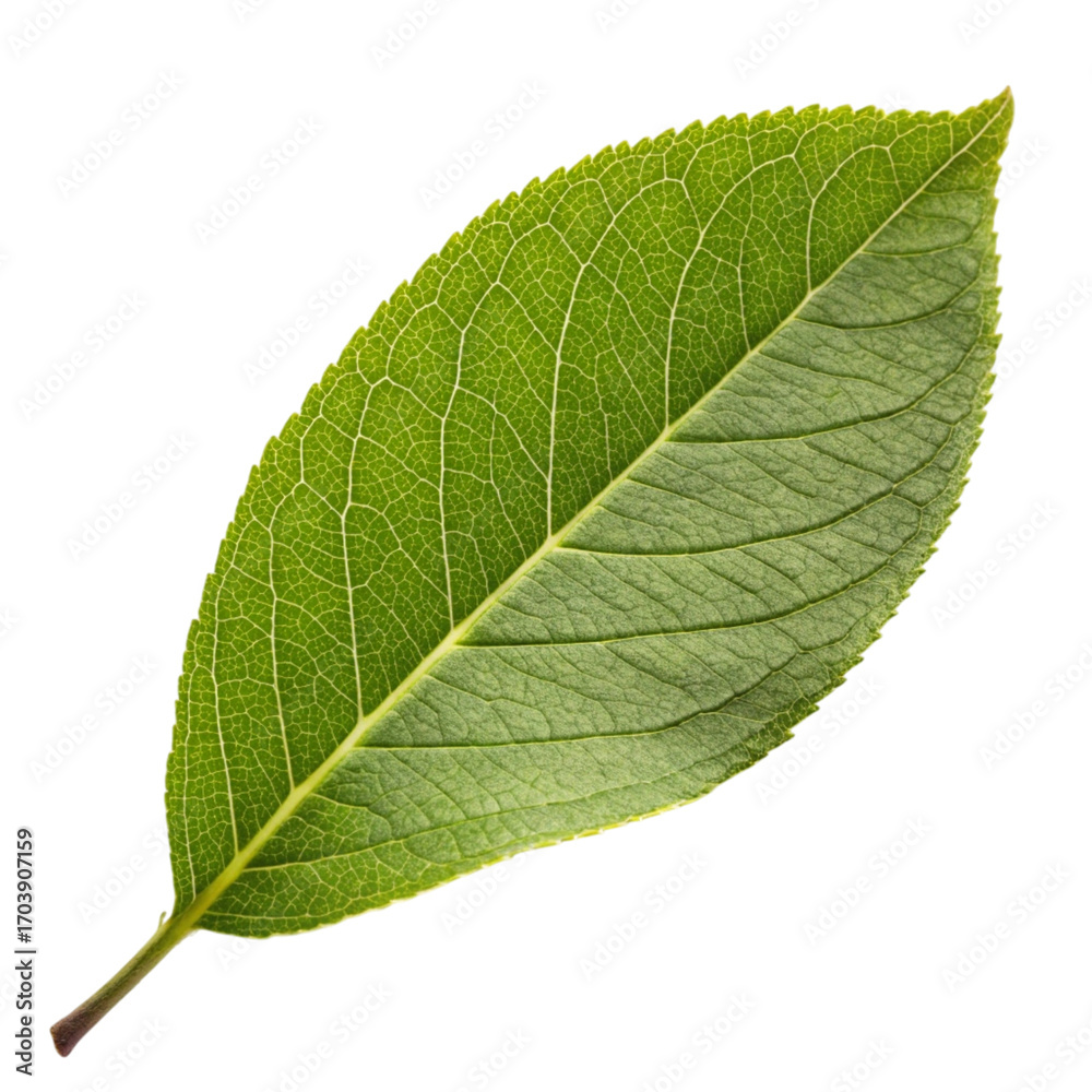 Obraz premium Single vibrant green leaf isolated on white background