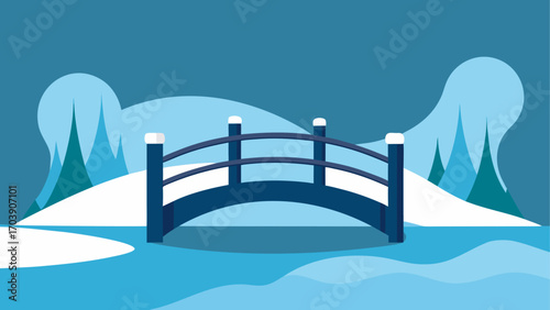 Winter bridge scene with snow covered hills and trees