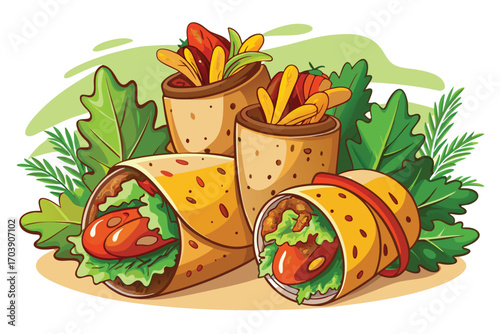 Delicious Vegan Burritos Cartoon Illustration Featuring Fresh Vegetables and Vibrant Colors Perfect for Food Blogs and Recipe Sites
