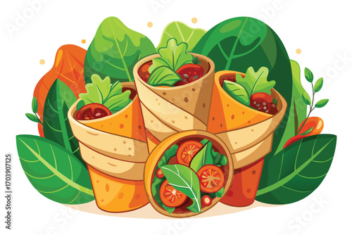 Delicious Vegan Burritos Cartoon Illustration Featuring Fresh Vegetables and Vibrant Colors Perfect for Food Blogs and Recipe Sites