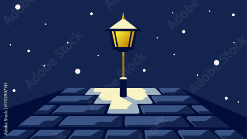Lone street lamp illuminates cobblestone path under a starry night sky